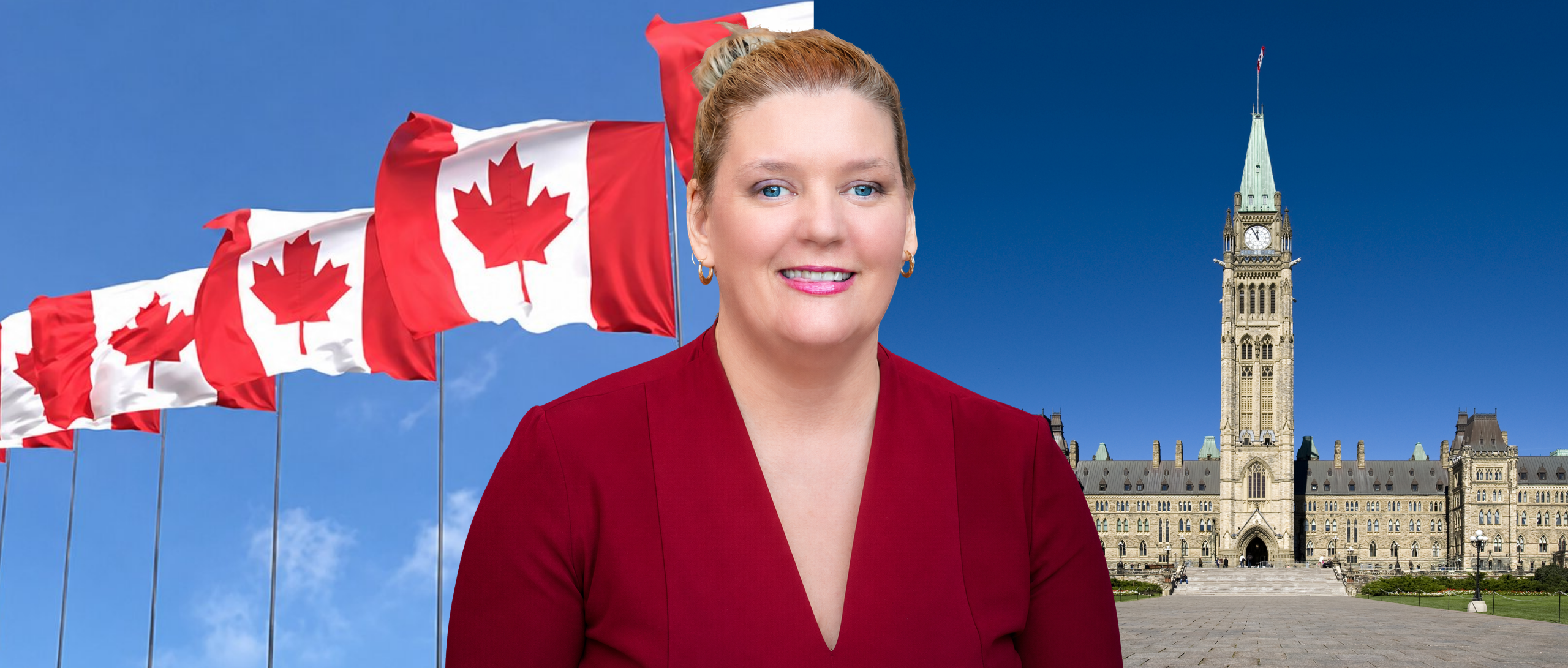 A professional portrait of Melanie Taddeo against a backdrop of Canada flags and Parliament Hill